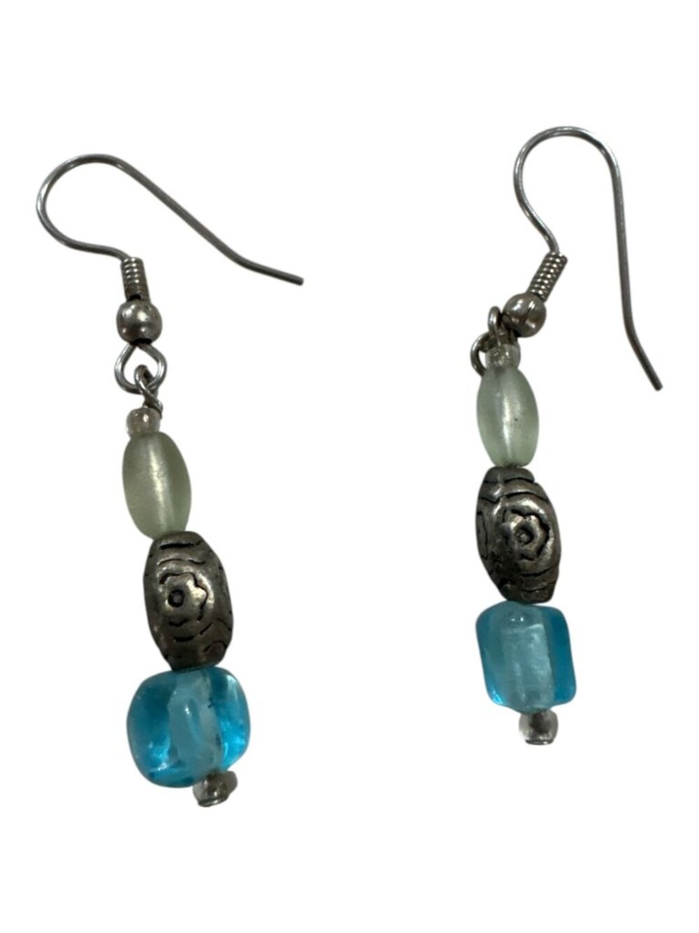 Handmade Blue & Silver Beaded Dangle Earrings With Hook Closure
